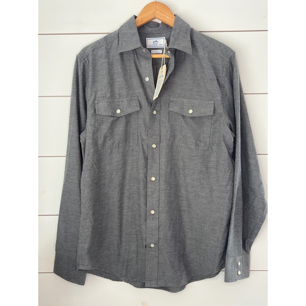 NWT Southern Tide Mens Toboggan Workshirt Pearl Snap Grey Brushed Twill Shirt S